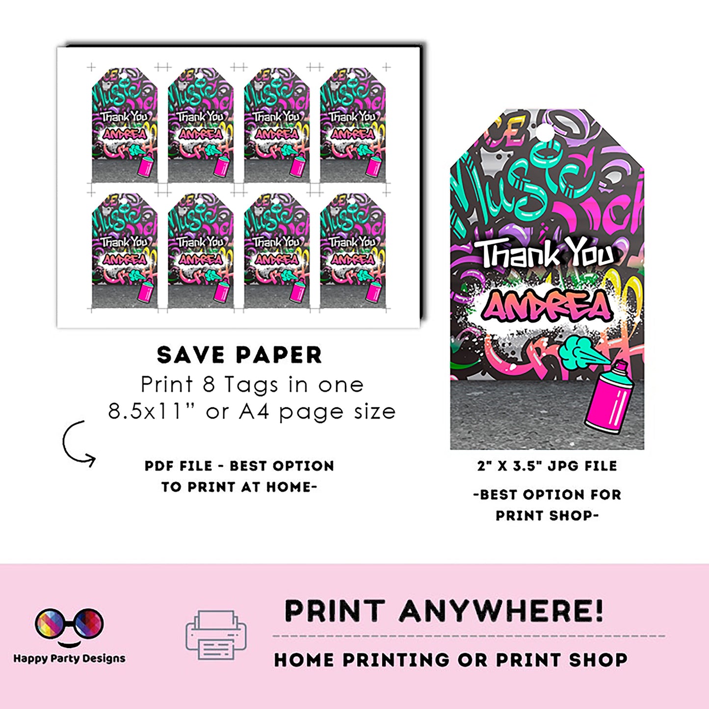 Editable Graffiti Thank you tag | Digital graffiti printable thank you tag  | Birthday girl | Graffiti Thank You | Personalize Online #K2