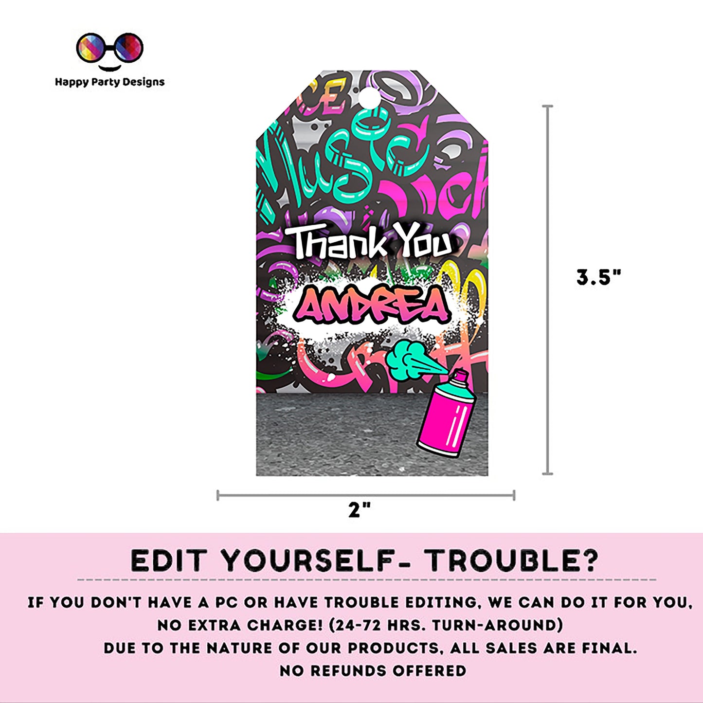 Editable Graffiti Thank you tag | Digital graffiti printable thank you tag  | Birthday girl | Graffiti Thank You | Personalize Online #K2