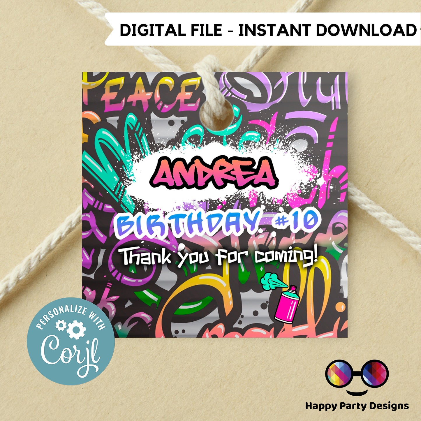 Editable Graffiti Thank you tag | Digital graffiti printable thank you tag  | Birthday girl | Graffiti Thank You tag | Personalize  #K2