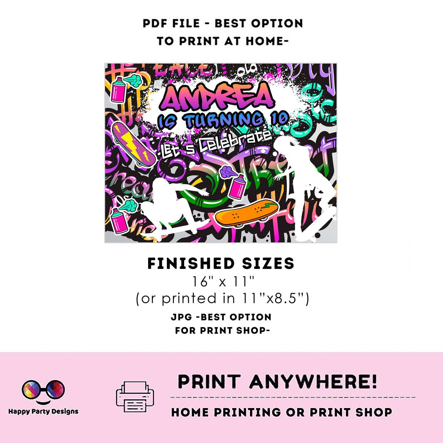 Editable Graffiti placemat | Digital graffiti printable placemat  | Birthday girl | Graffiti placemat | Personalize Online #K2