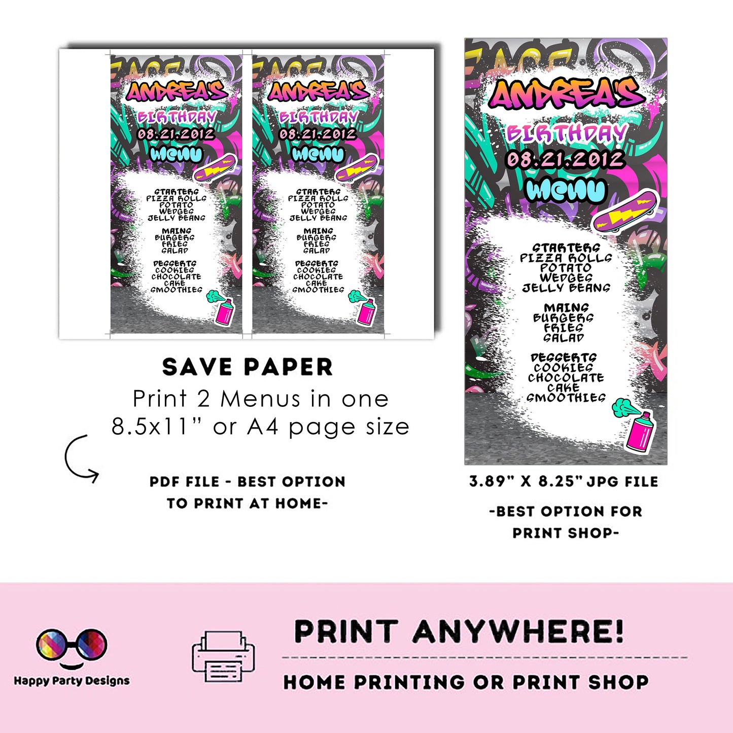 Editable Graffiti Menu | Digital graffiti printable menu  | Birthday girl | Graffiti menu | Personalize Online #K2