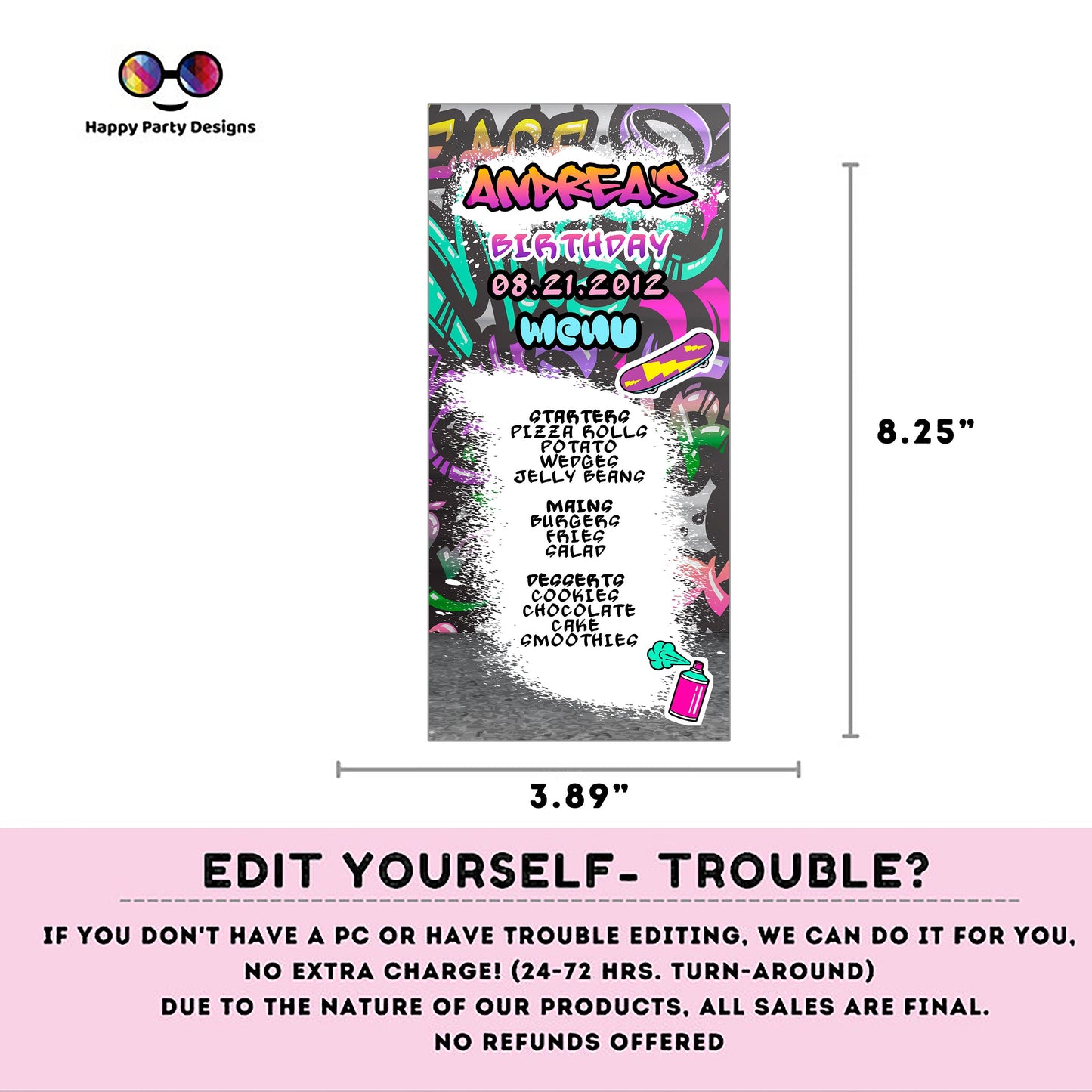 Editable Graffiti Menu | Digital graffiti printable menu  | Birthday girl | Graffiti menu | Personalize Online #K2