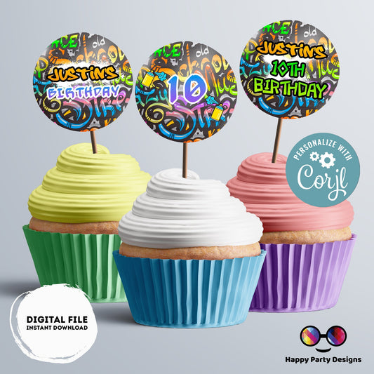 Editable Graffiti Round cupcake toppers | Graffiti birthday | Graffiti  Birthday Party | Graffiti themed | Boy Birthday Party | stickers #K1