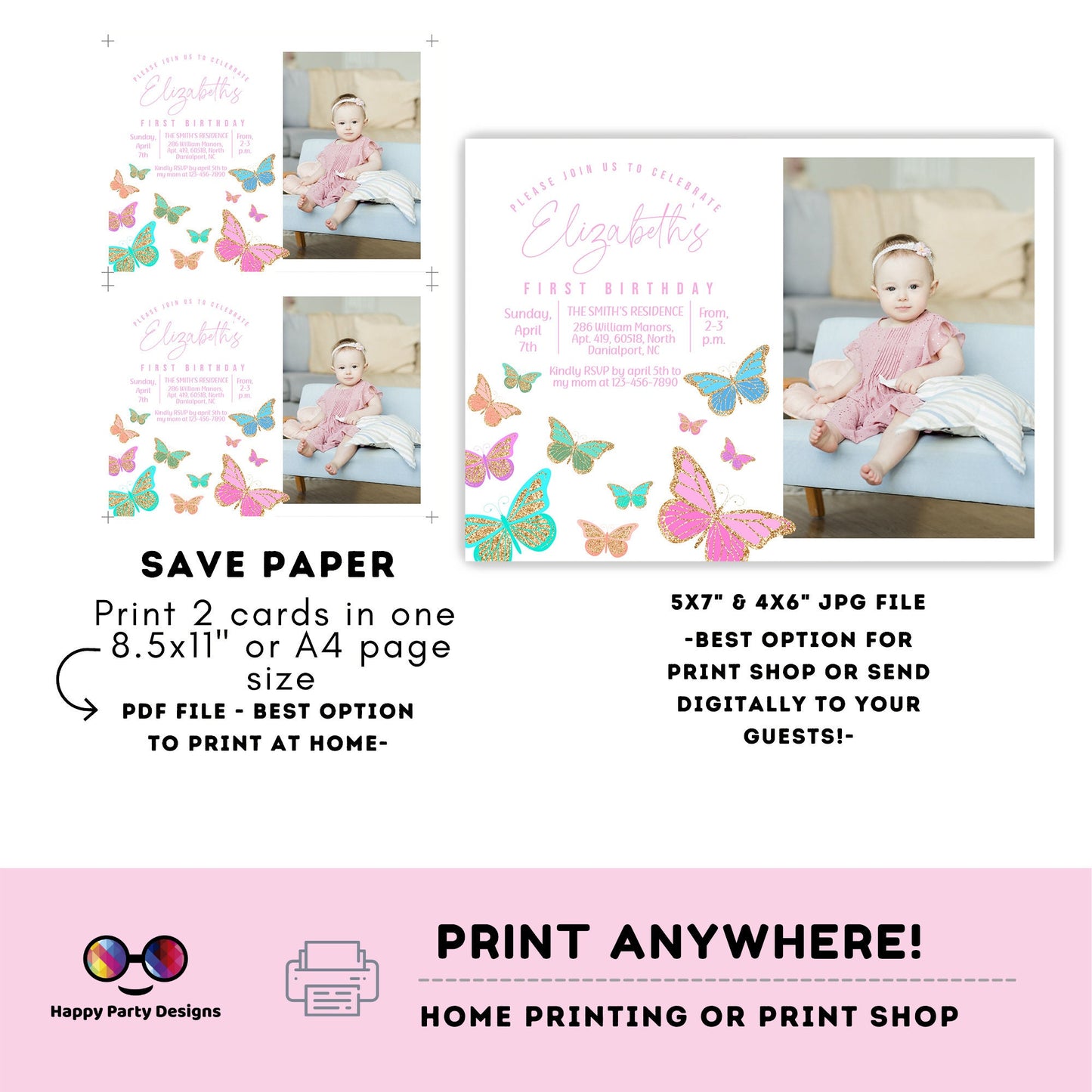Butterfly Birthday Invitation with photo | Butterflies | Pastel Butterflies | Girl Birthday | Pink Purple Butterfly | Butterfly #0002