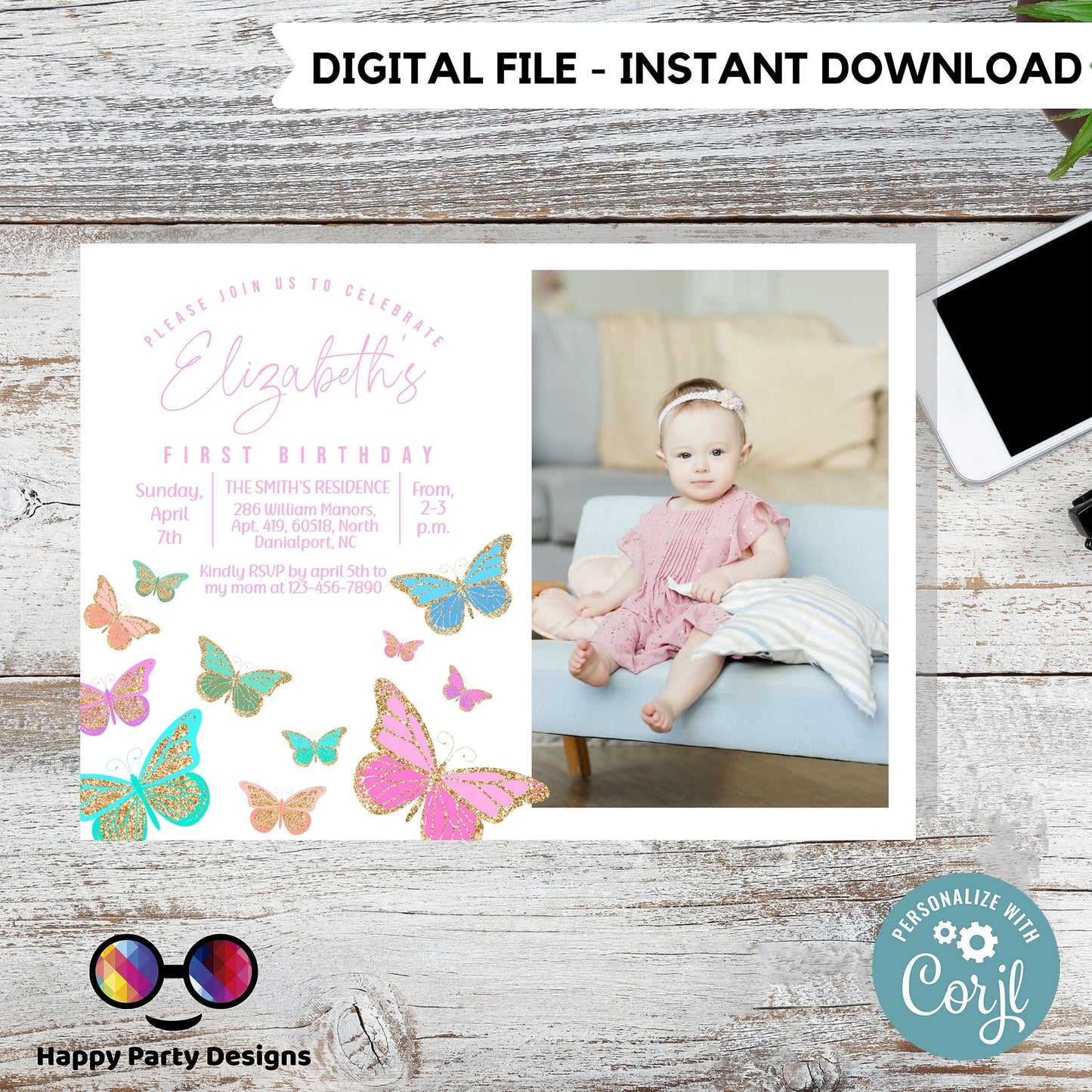 Butterfly Birthday Invitation with photo | Butterflies | Pastel Butterflies | Girl Birthday | Pink Purple Butterfly | Butterfly #0002