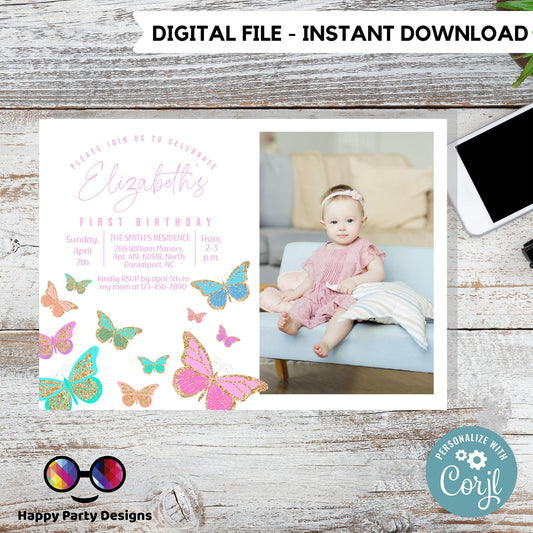 Butterfly Birthday Invitation with photo | Butterflies | Pastel Butterflies | Girl Birthday | Pink Purple Butterfly | Butterfly #0002
