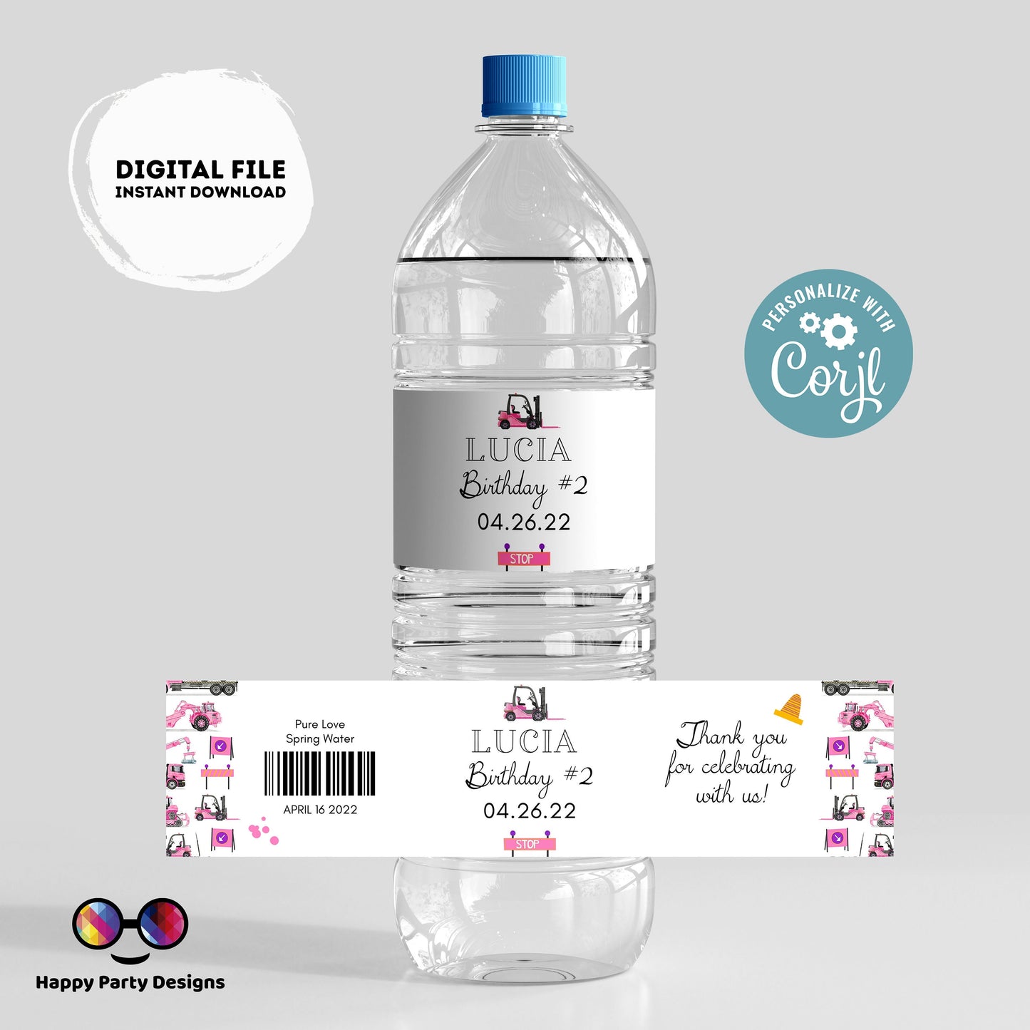 Editable Under construction water bottle labels | printable labels |  Trucks labels | Girl birthday |  bottle labels  | girl truck party