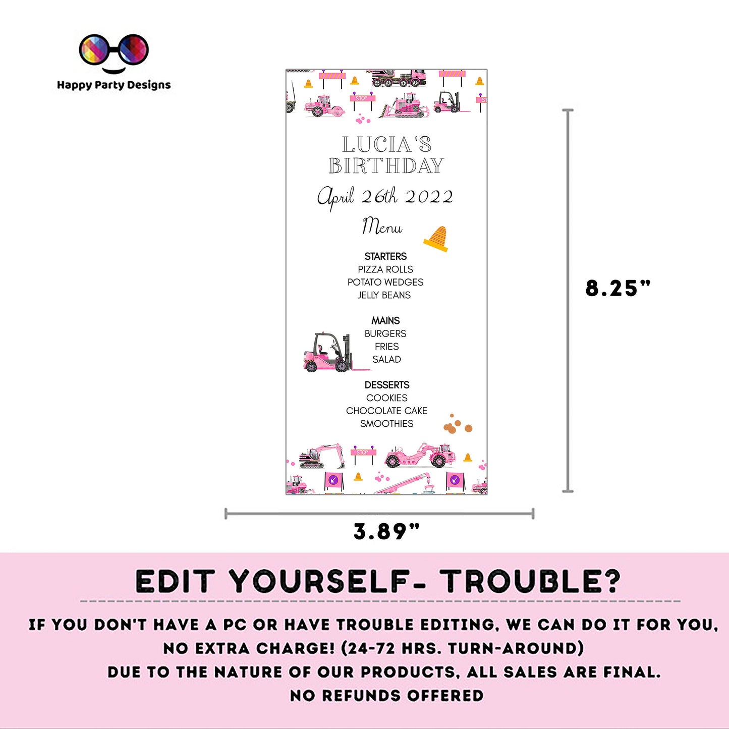 Pink Watercolor Under construction Menu Template | Trucks party | Girl | Construction birthday party | Instant Download