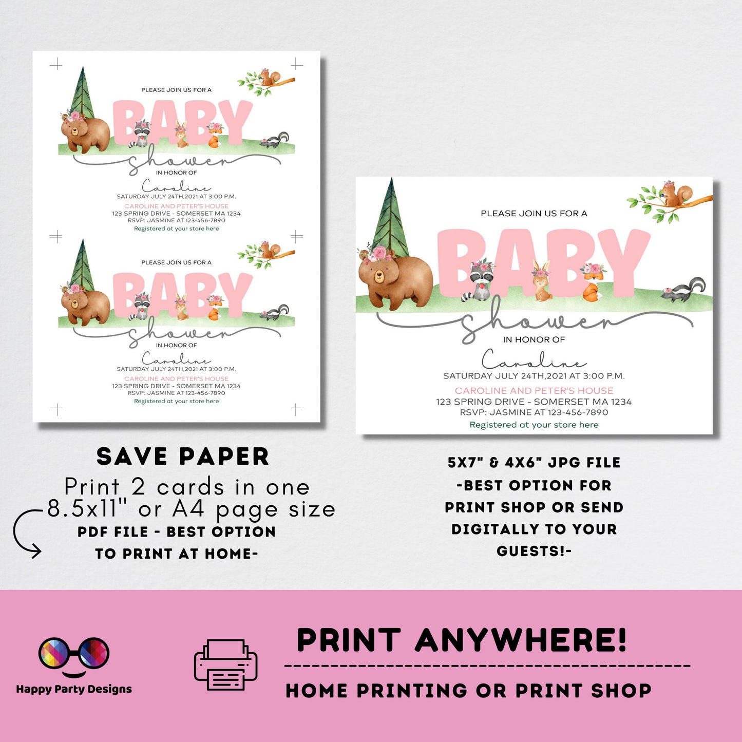 Editable watercolor woodland baby shower | Digital Bear printable invite | Baby girl | cute animals Digital | Personalize Online