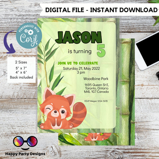 Turning five Invitations | Red Panda Invitation green| Bamboo Invitation  | Cute red panda invite | Edit Yourself & instant download
