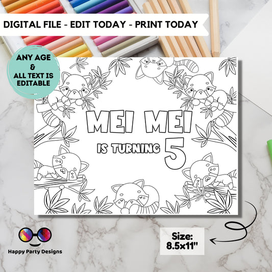 Editable Red Panda coloring page | Placemat coloring page | Any Age | Red Panda birthday | Red panda Party Activity | turning five birthday