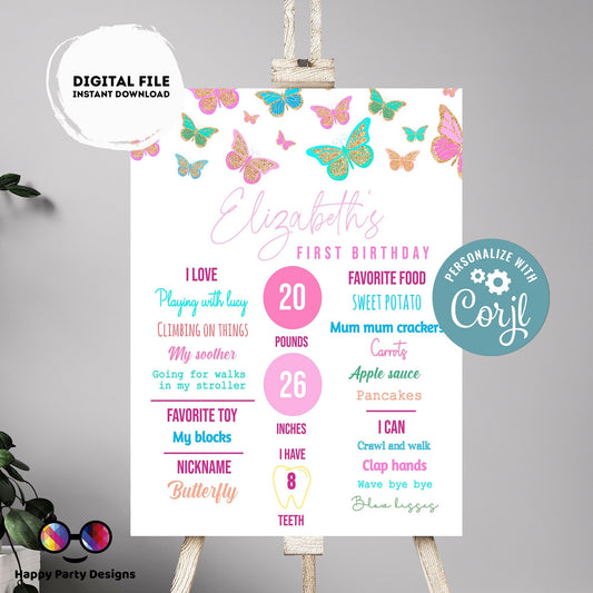 Editable Milestone Sign | Butterfly birthday | Spring Party Decorations | baby Girl | Butterflies Sign | First birthday party #0002