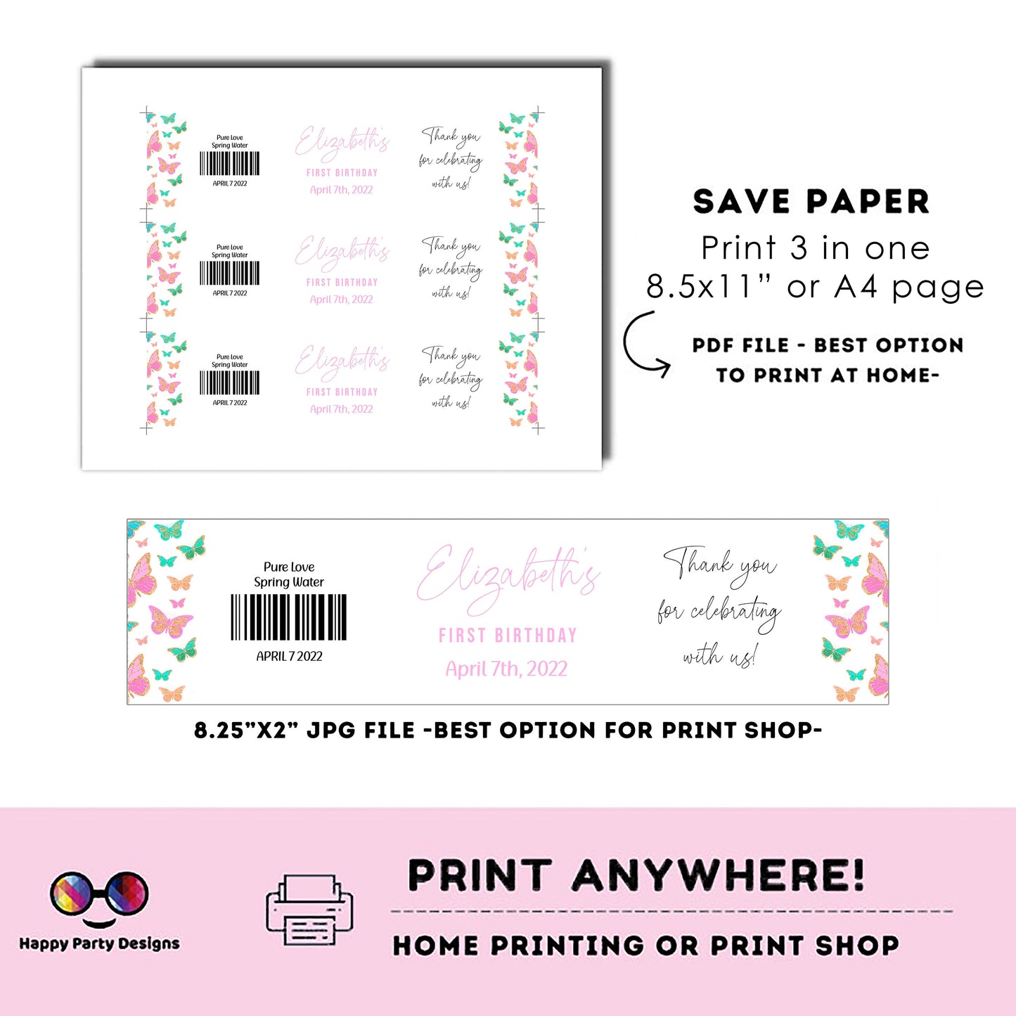 Editable Butterfly water bottle labels | printable labels |  Spring butterflies label | first birthday |  bottle label | girl birthday #0002