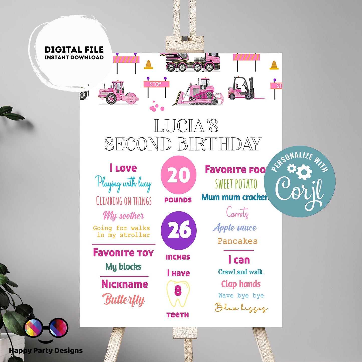 Editable Milestone Sign | Trucks birthday | Party under construction Decorations | baby Girl | Pink trucks Sign | Pink Trucks party