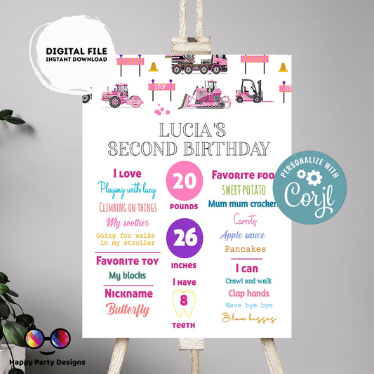 Editable Milestone Sign | Trucks birthday | Party under construction Decorations | baby Girl | Pink trucks Sign | Pink Trucks party