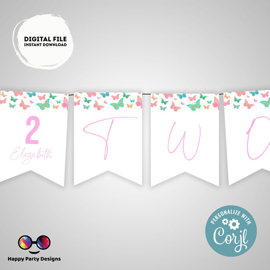 Editable Butterfly TWO Birthday Banner | Spring birthday | 2nd Birthday banner | Butterflies birthday party  |  Two banner to print #0002
