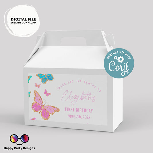 Butterfly Birthday Box label | Butterfly party | favor box | Spring birthday party  |  Box to print #0002