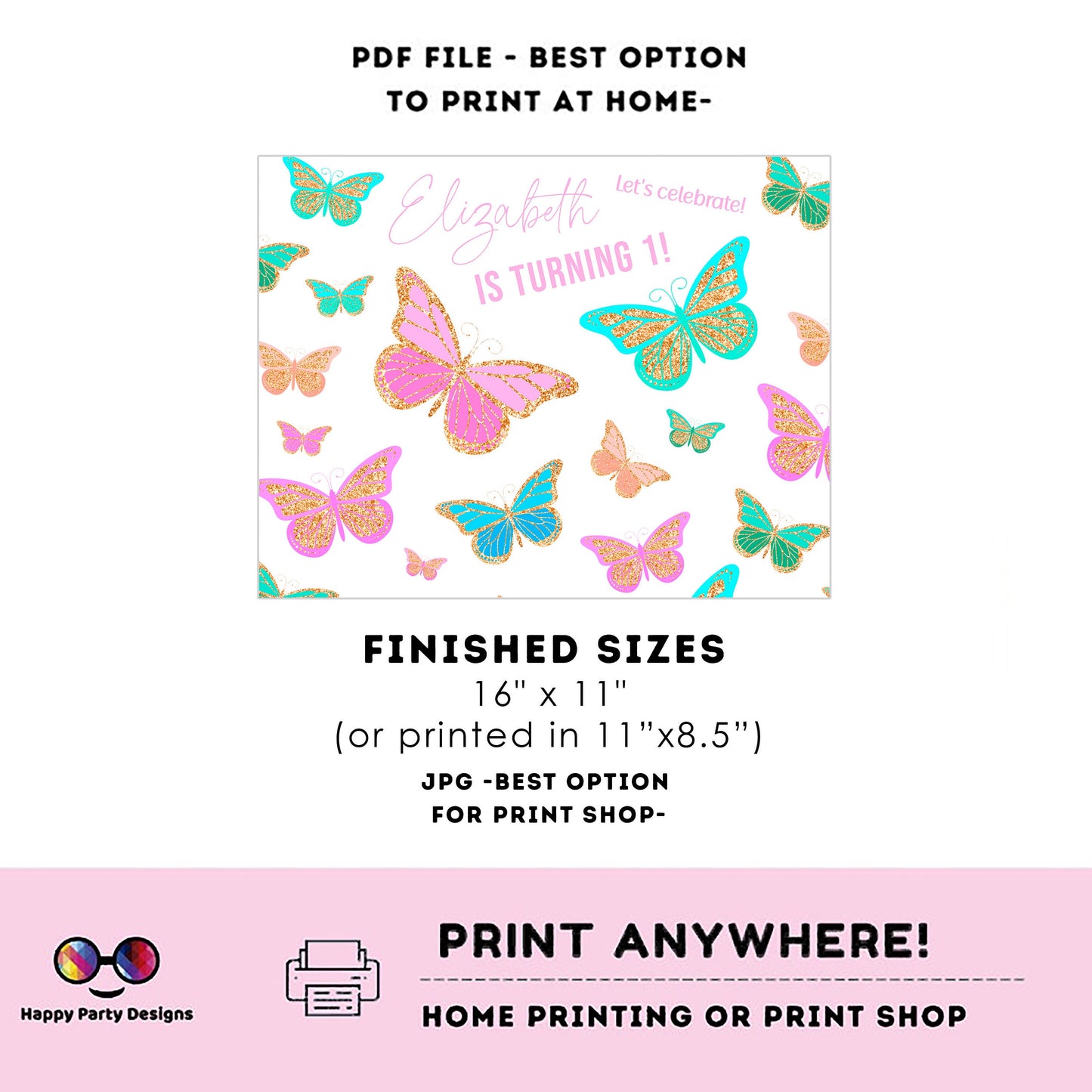 Editable Butterfly Placemat | Spring Birthday | Any Age | Spring party | Butterfly Party decor | Butterfly birthday #0002