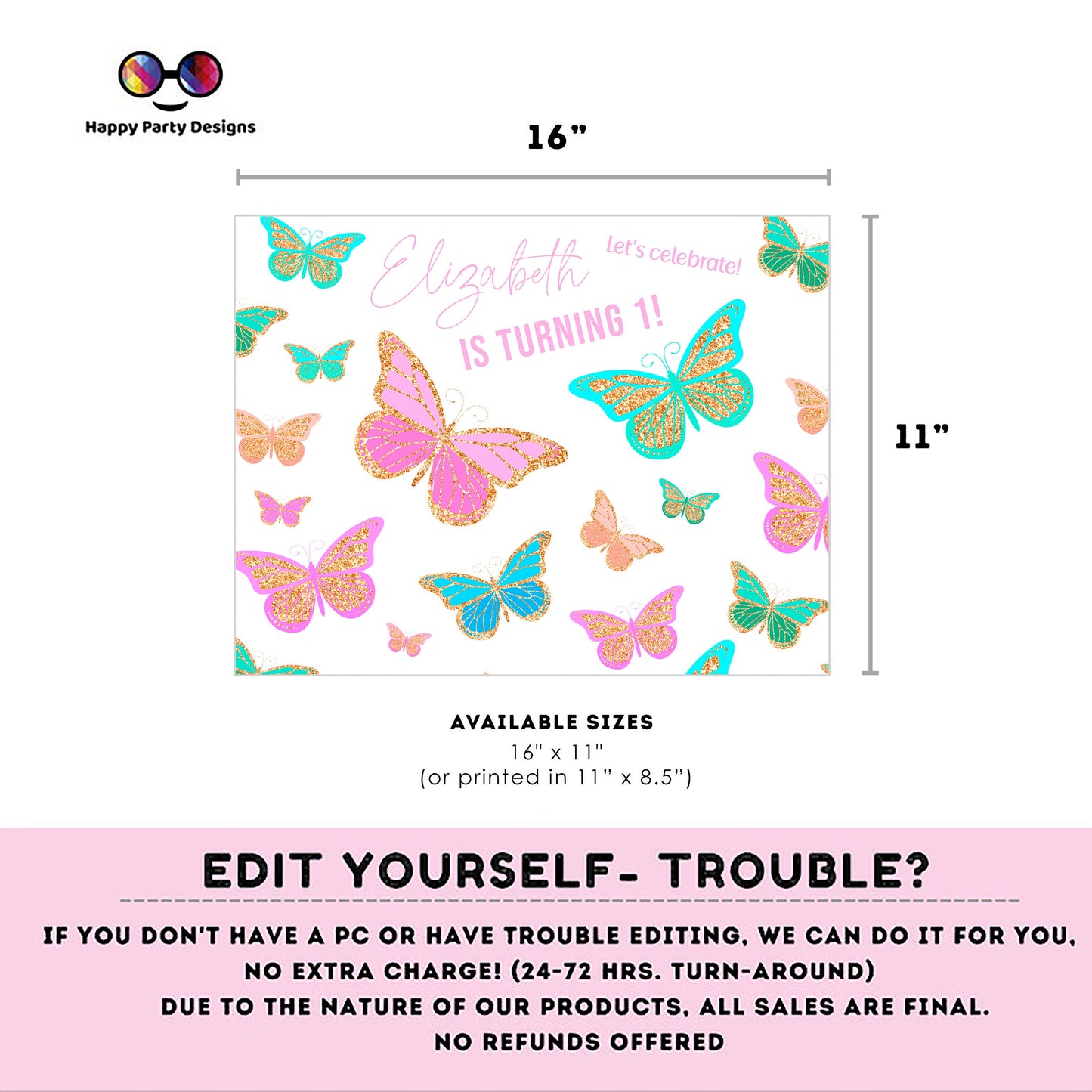 Editable Butterfly Placemat | Spring Birthday | Any Age | Spring party | Butterfly Party decor | Butterfly birthday #0002