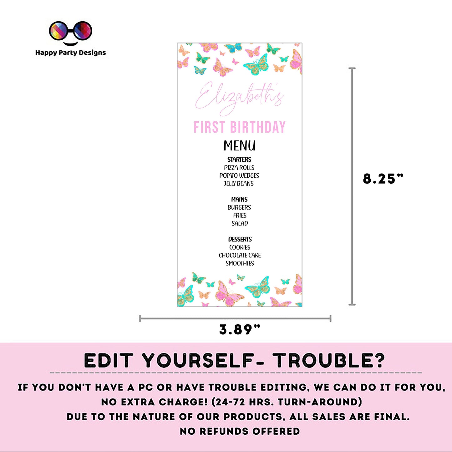 Butterfly Menu Template | Spring birthday | Girl | Butterfly themed party | Party supplies  | Bohemian | Summer | Butterfly menu #0002