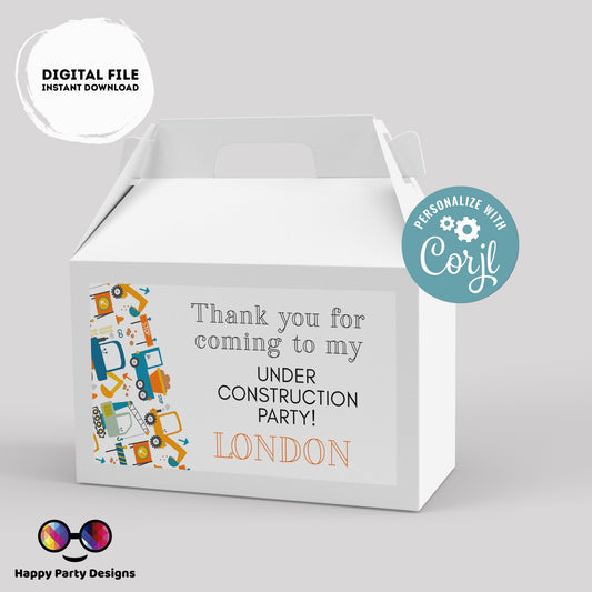 Under construction Birthday Box label | Trucks party | favor box | trucks birthday party  |  Box to print