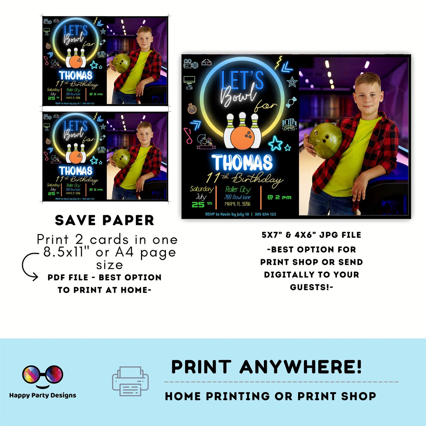 EDITABLE Bowling Birthday Boy with picture | Bowling Boy Invitation | Birthday Boy | invitation with photo | Digital | Neon  Party #0003