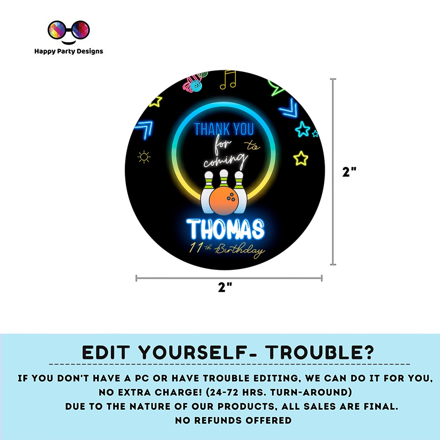 Editable neon bowling round Thank you tag | Digital bowling printable thank you tag  | Birthday boy | Neon Thank You tag |  bowling #0003