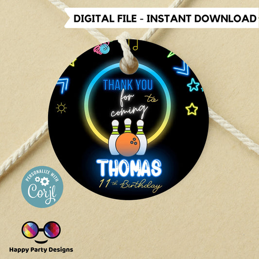 Editable neon bowling round Thank you tag | Digital bowling printable thank you tag  | Birthday boy | Neon Thank You tag |  bowling #0003