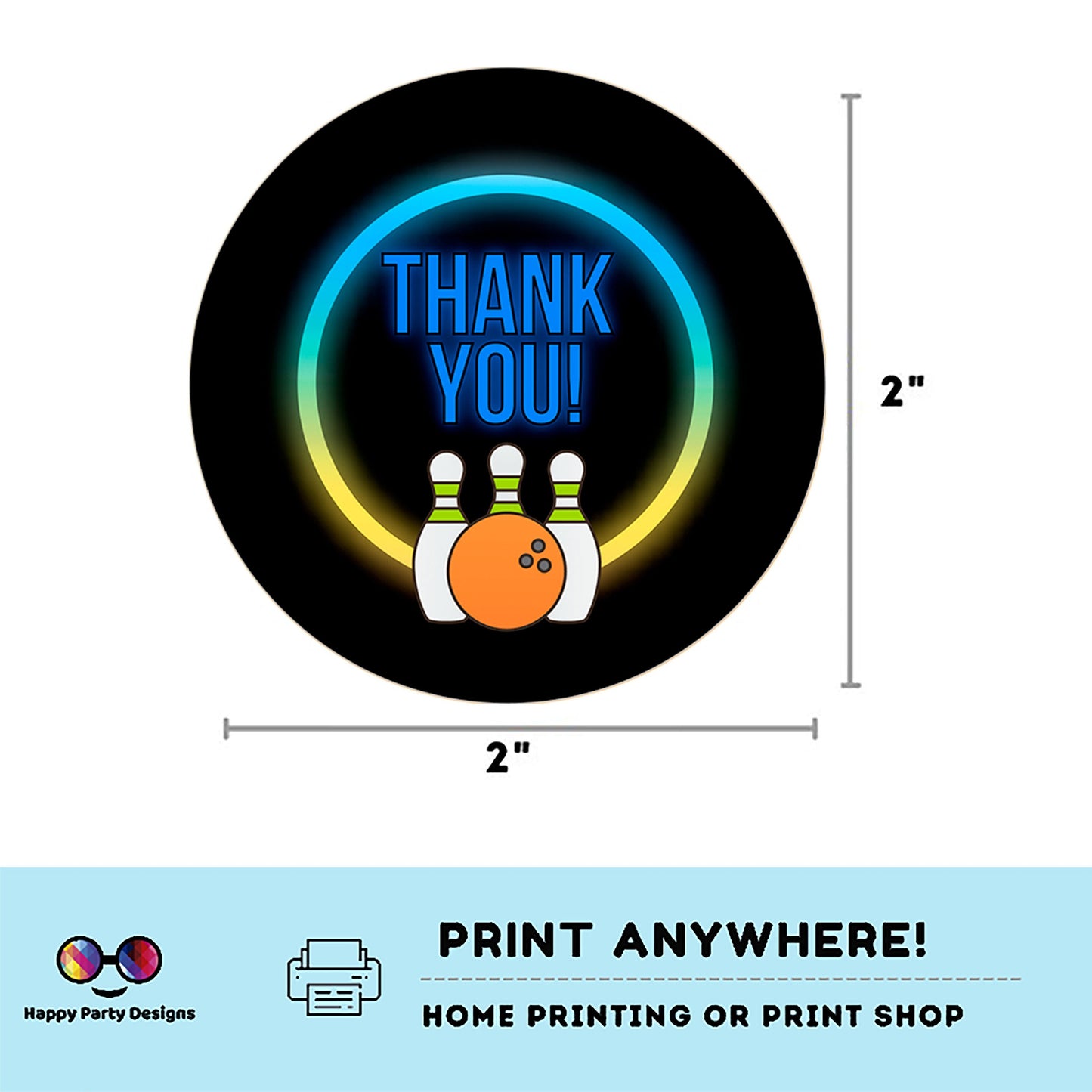 Neon bowling round Thank you tag | Instant printable thank you tag  | Birthday boy | Neon Thank You tag |  bowling #0003