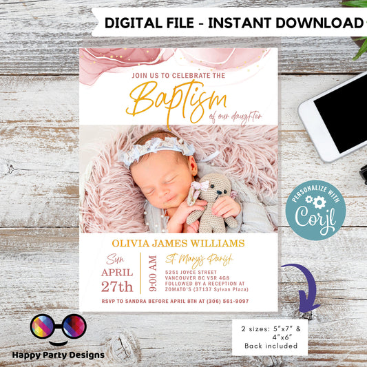 Pink Watercolor Baptism Invitation Template | Gold Christening Baptism | Invitation Girl with picture | Christening | Instant Download