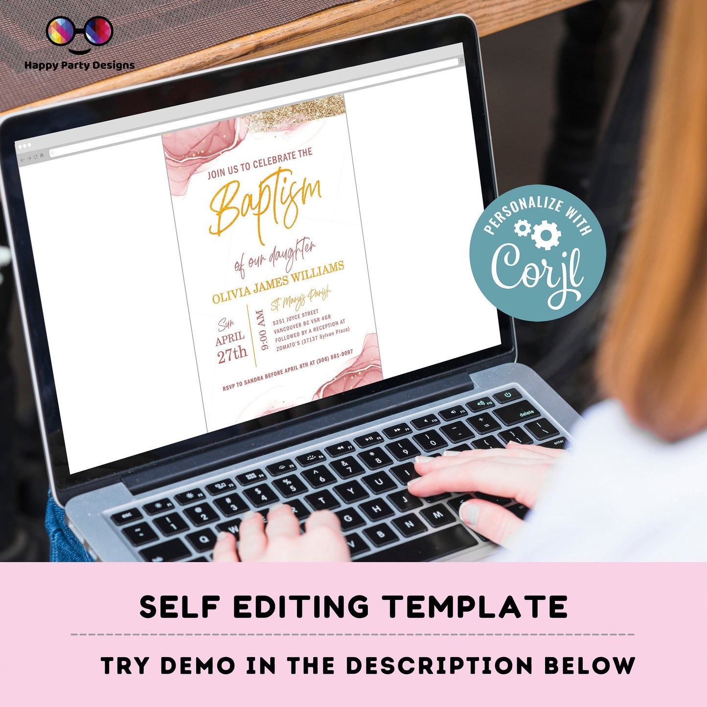 Pink Watercolor Baptism Invitation Template | Gold Christening Baptism | Invitation Girl | Christening | Instant Download #R1