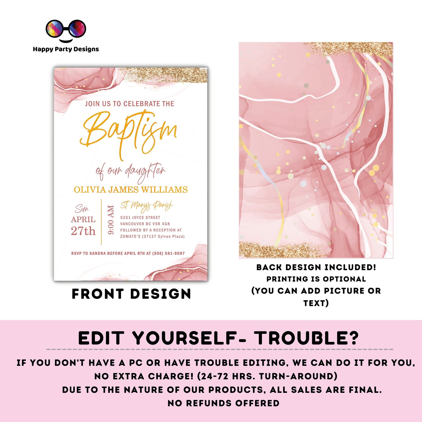 Pink Watercolor Baptism Invitation Template | Gold Christening Baptism | Invitation Girl | Christening | Instant Download #R1