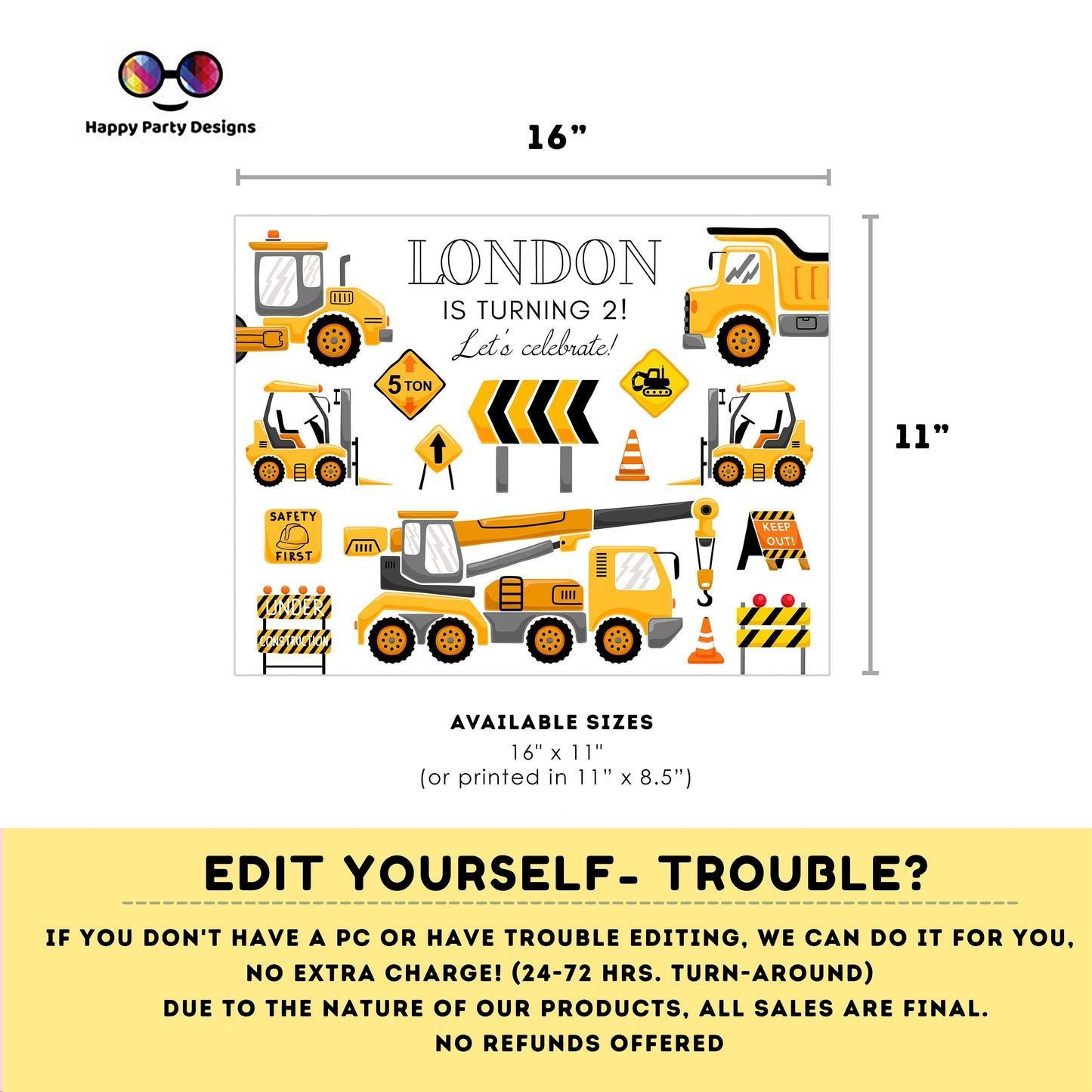 Editable construction placemat | Trucks Placemat  | Any Age | Trucks birthday | under construction Party decor