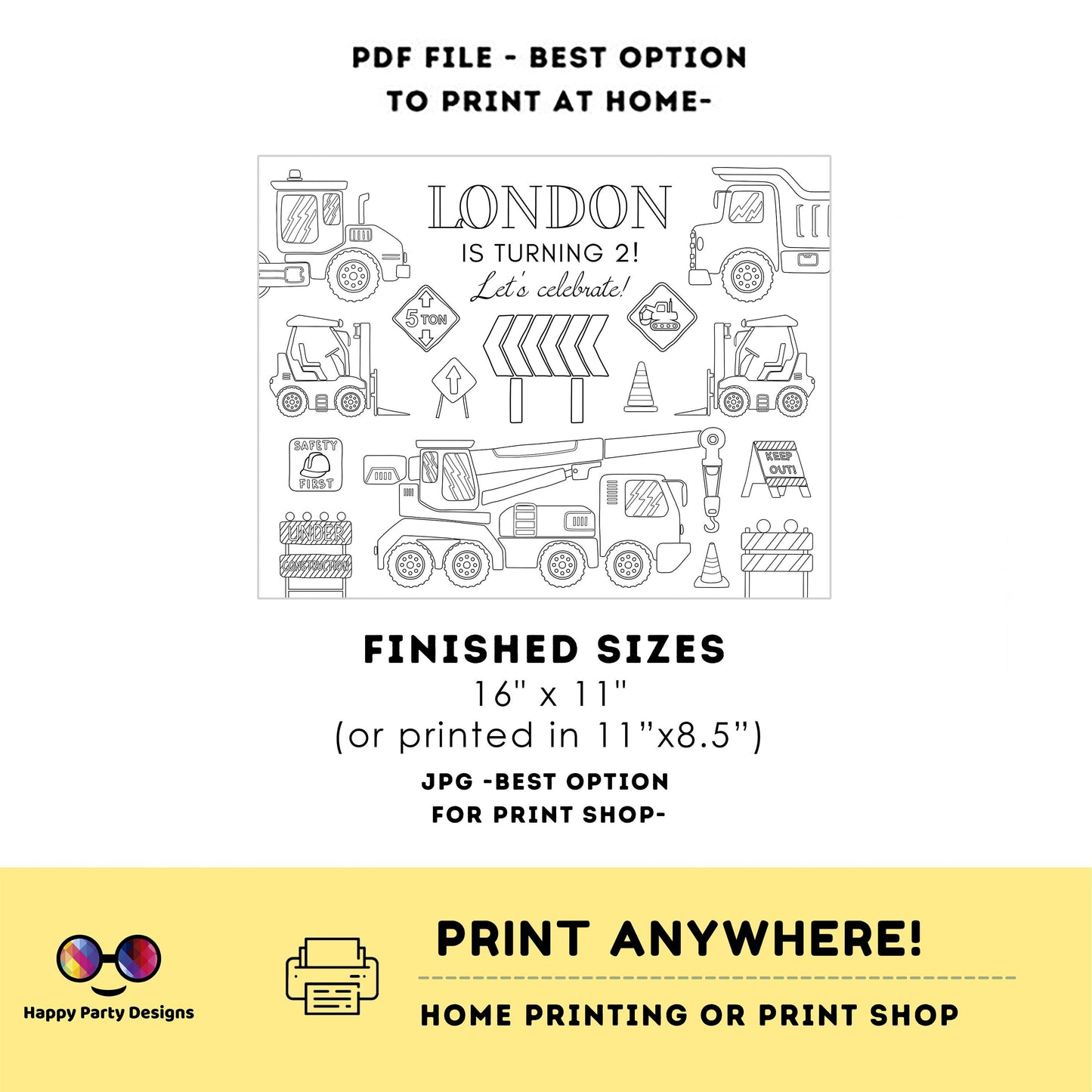 Editable construction coloring page | Placemat coloring page | Any Age | Trucks birthday | Game under construction Party Activity