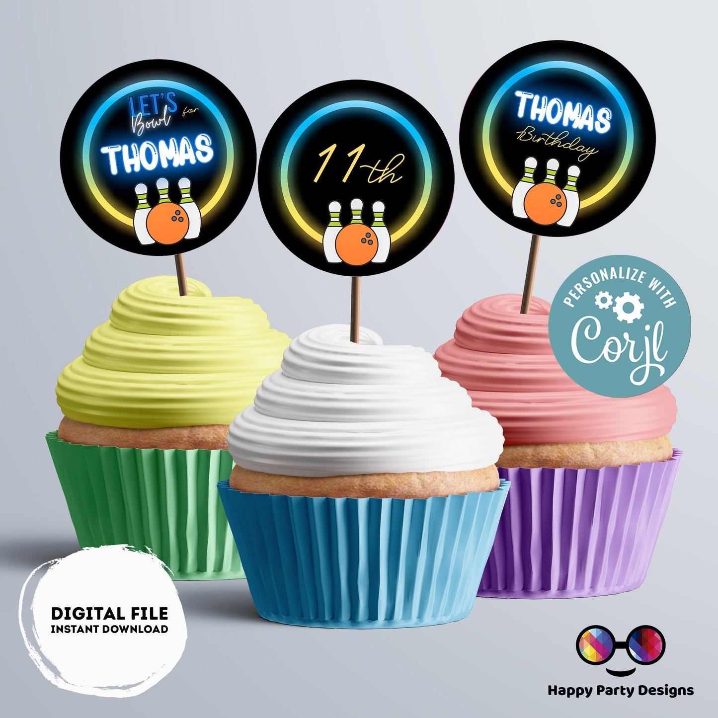 Editable neon bowling Round cupcake toppers | bowling birthday | neon Birthday Party | bowling themed | Boy Birthday Party | stickers #0003