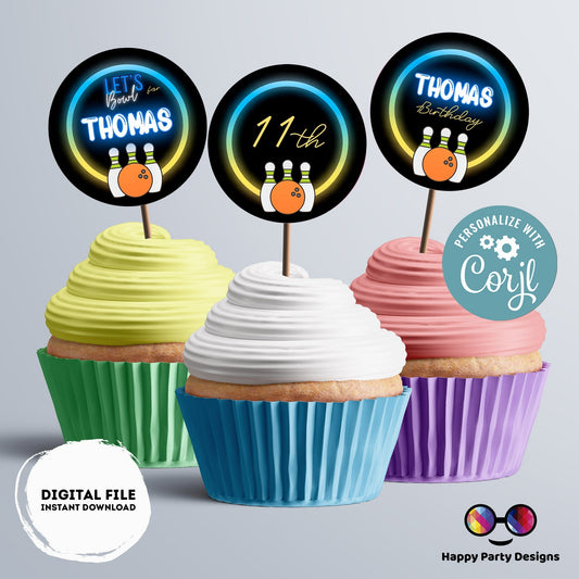 Editable neon bowling Round cupcake toppers | bowling birthday | neon Birthday Party | bowling themed | Boy Birthday Party | stickers #0003
