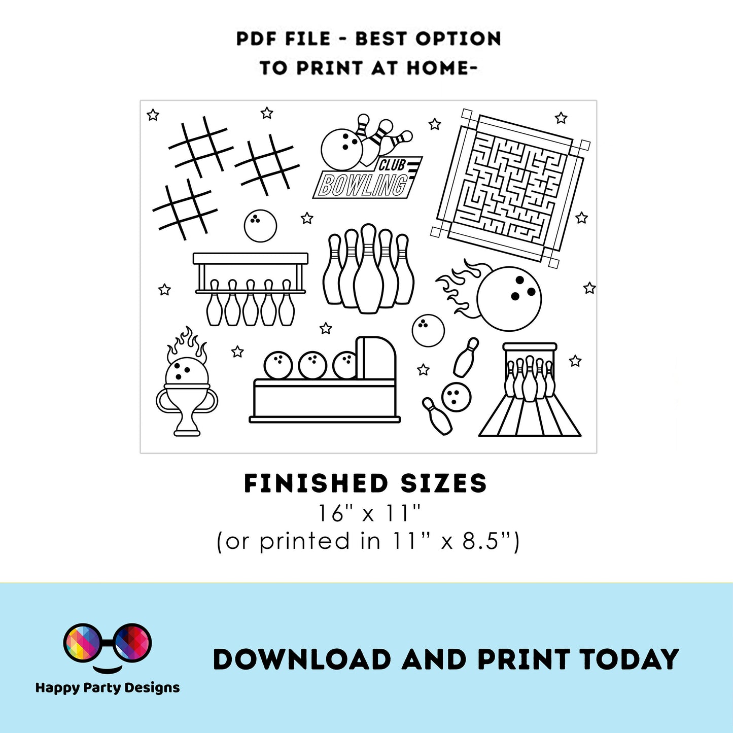 Printable Bowling Party Coloring Page | Bowling Activity Page | Bowling Party Placemat | Bowling table mat| Printable Bowling #KID3 #KID4
