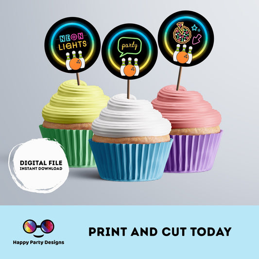 Neon bowling cupcake toppers | Instant download | Bowling | neon Party | Bowling party | neon Birthday Party #0003