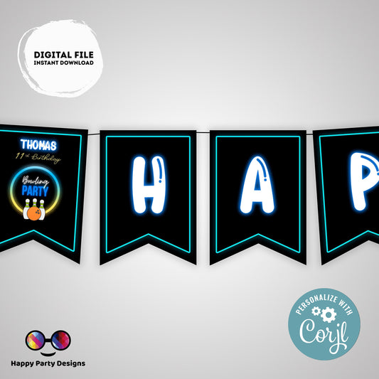 Editable Happy Birthday Bowling Banner | Bowling party | Birthday banner | Bowling birthday party  | birthday girl | birthday boy | garland