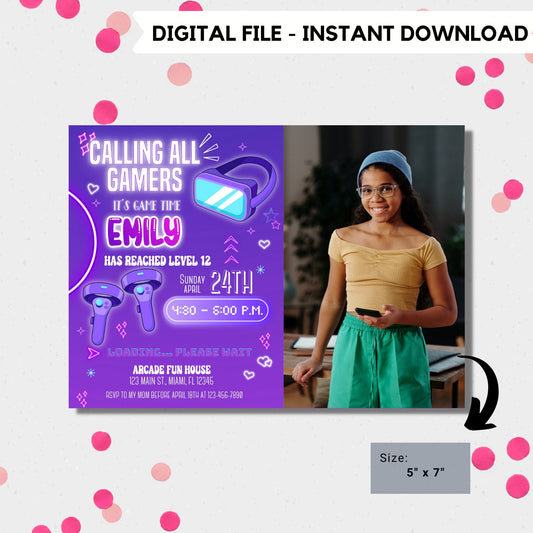 Editable video gamer invitation | Digital neon video gamer printable | Birthday girl with picture | virtual reality  | neon Invitation