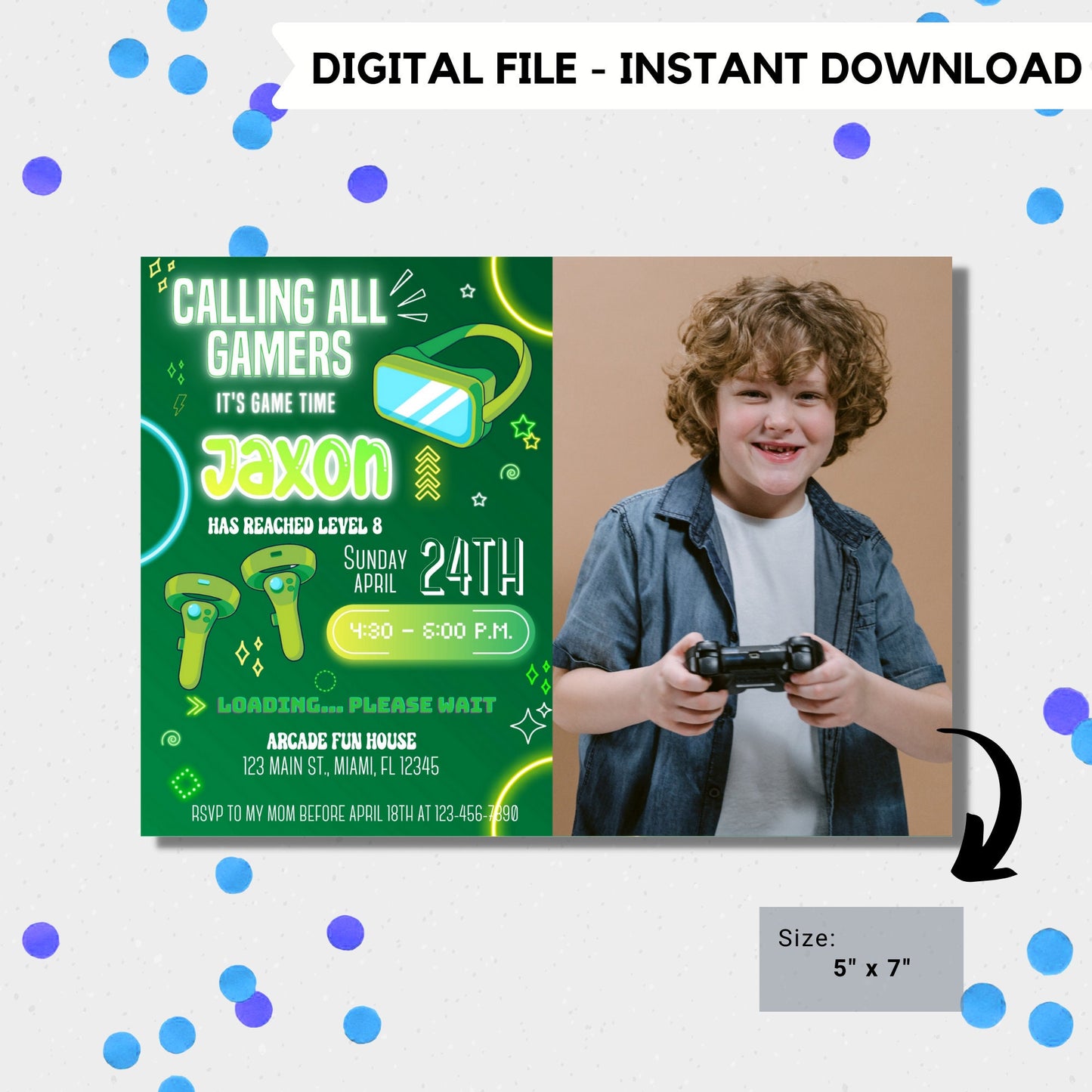 Editable video gamer invitation | Digital neon video gamer printable invite | Birthday boy | virtual reality  | neon Invitation