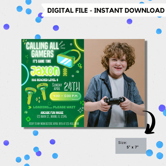 Editable video gamer invitation | Digital neon video gamer printable invite | Birthday boy | virtual reality  | neon Invitation