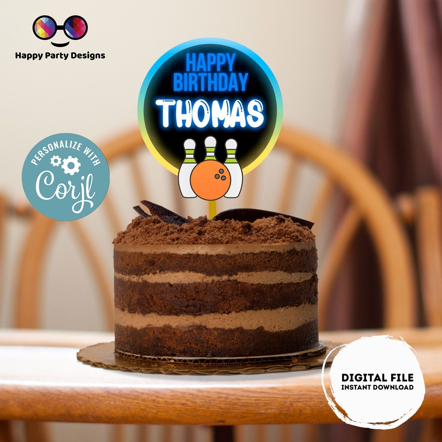 Editable Bowling Cake Topper |  Neon Bowling Birthday Party Cake Topper | Neon Bowling Blue Cake Topper | Centerpieces | Neon Bowling blue