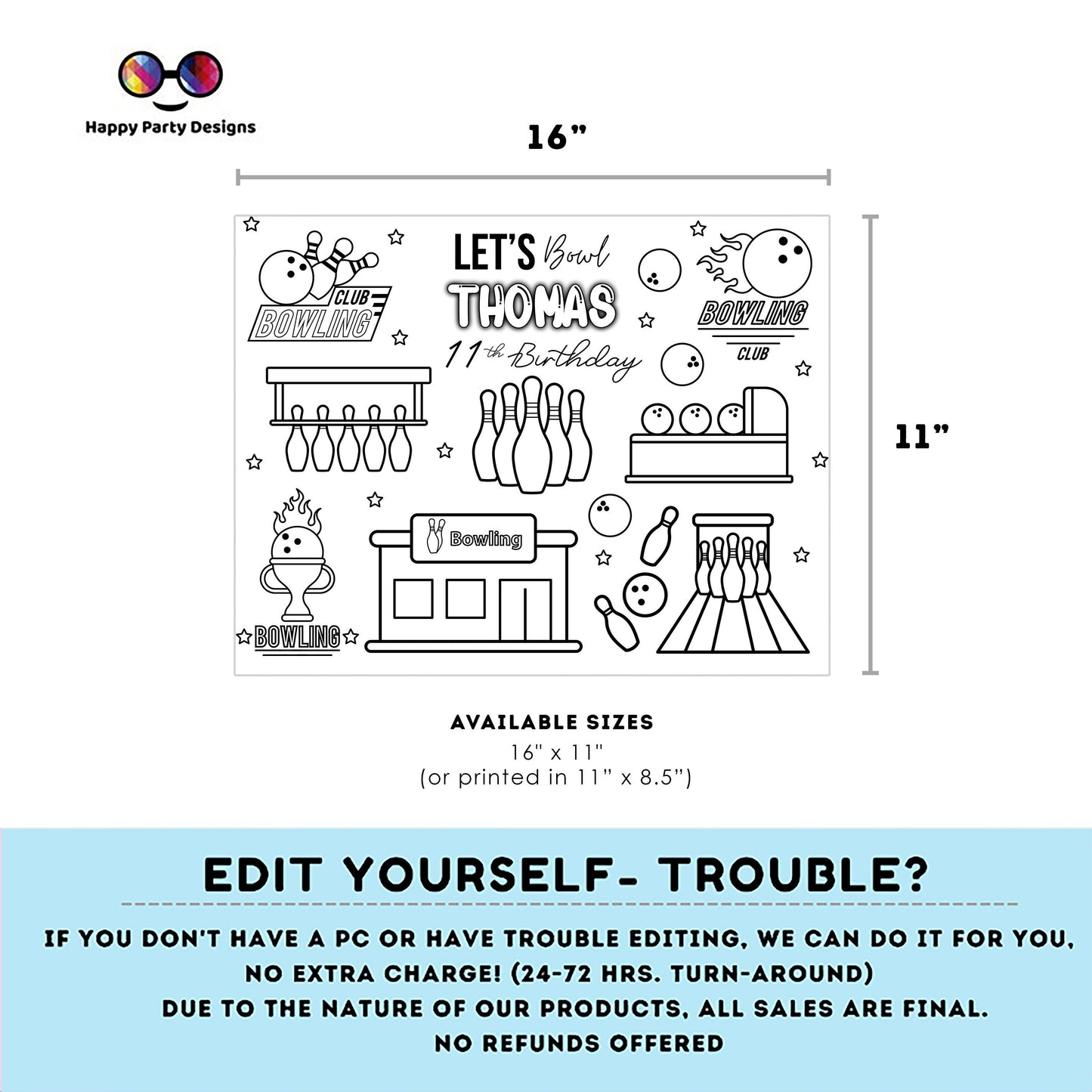 Editable Bowling coloring page | Placemat coloring page | Any Age | Bowling birthday | Bowling Party Activity