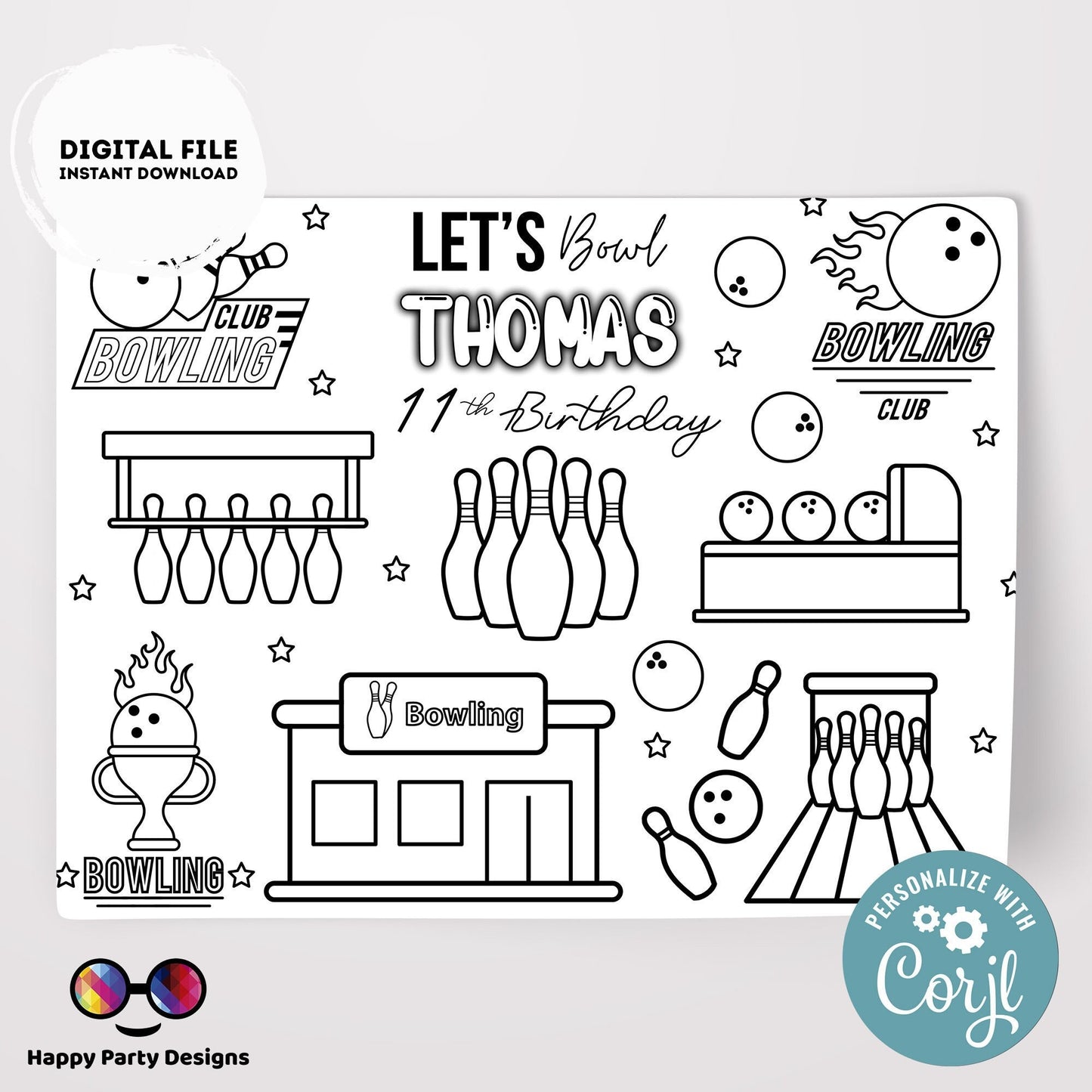 Editable Bowling coloring page | Placemat coloring page | Any Age | Bowling birthday | Bowling Party Activity