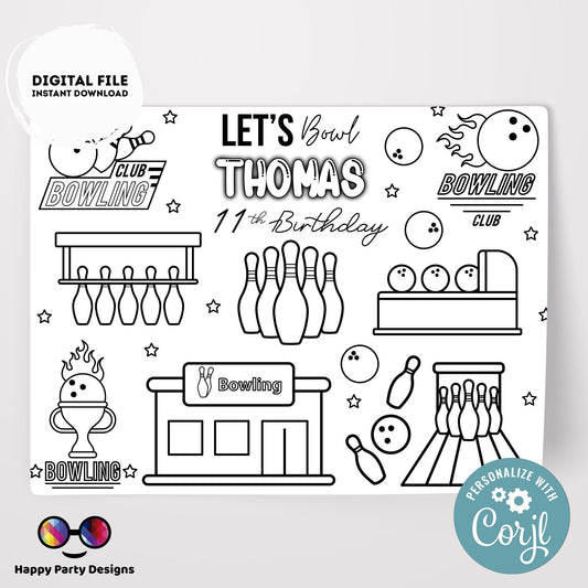 Editable Bowling coloring page | Placemat coloring page | Any Age | Bowling birthday | Bowling Party Activity