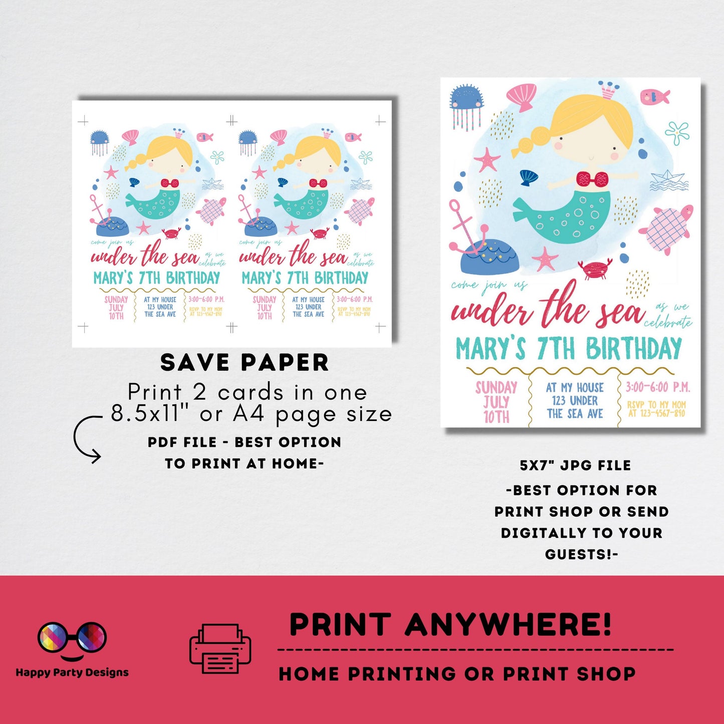EDITABLE Mermaid Birthday Invitation | Girl Birthday | Mermaid Birthday Invite | Little Mermaid Evite | Digital Download | Under The Sea