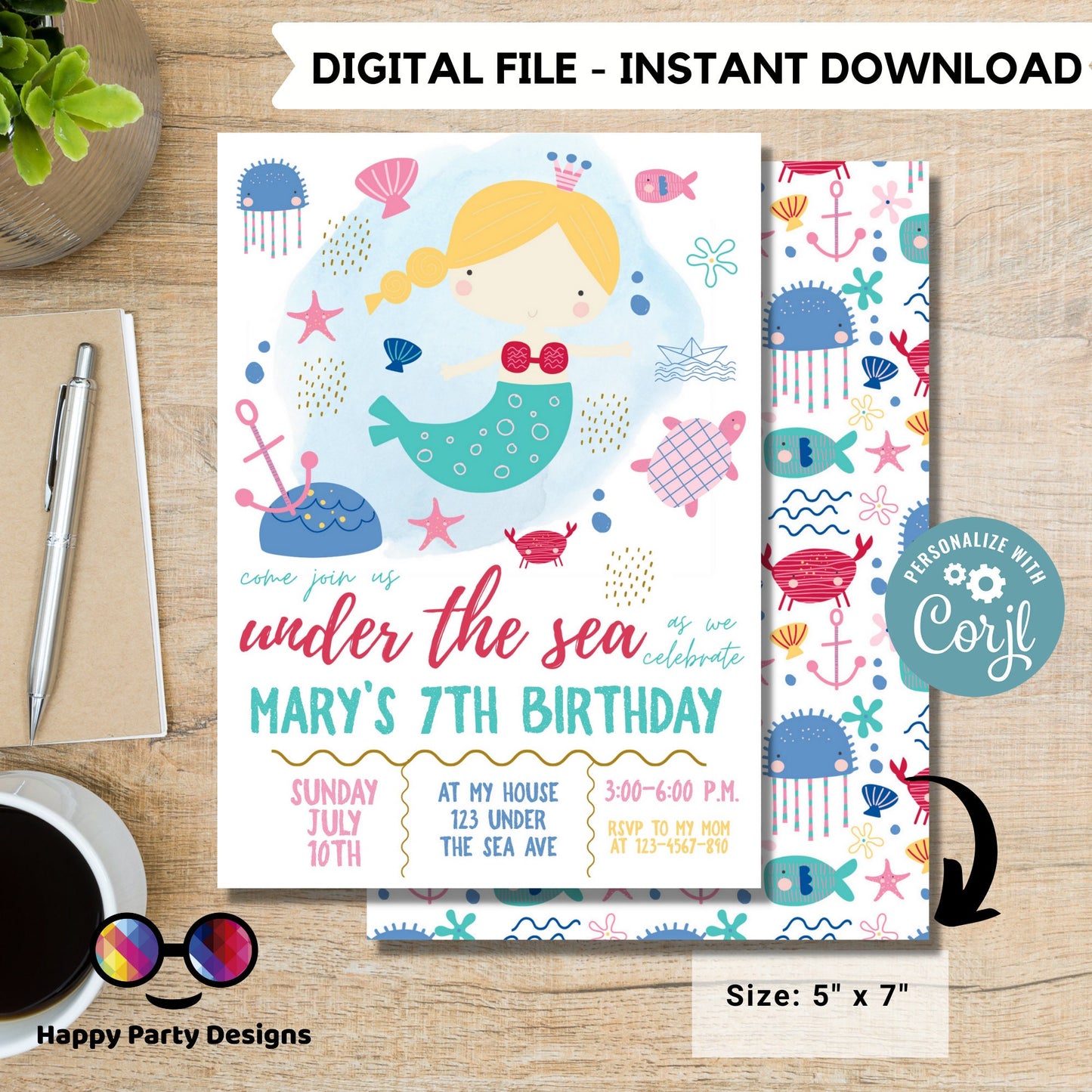 EDITABLE Mermaid Birthday Invitation | Girl Birthday | Mermaid Birthday Invite | Little Mermaid Evite | Digital Download | Under The Sea