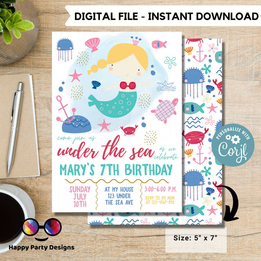 EDITABLE Mermaid Birthday Invitation | Girl Birthday | Mermaid Birthday Invite | Little Mermaid Evite | Digital Download | Under The Sea