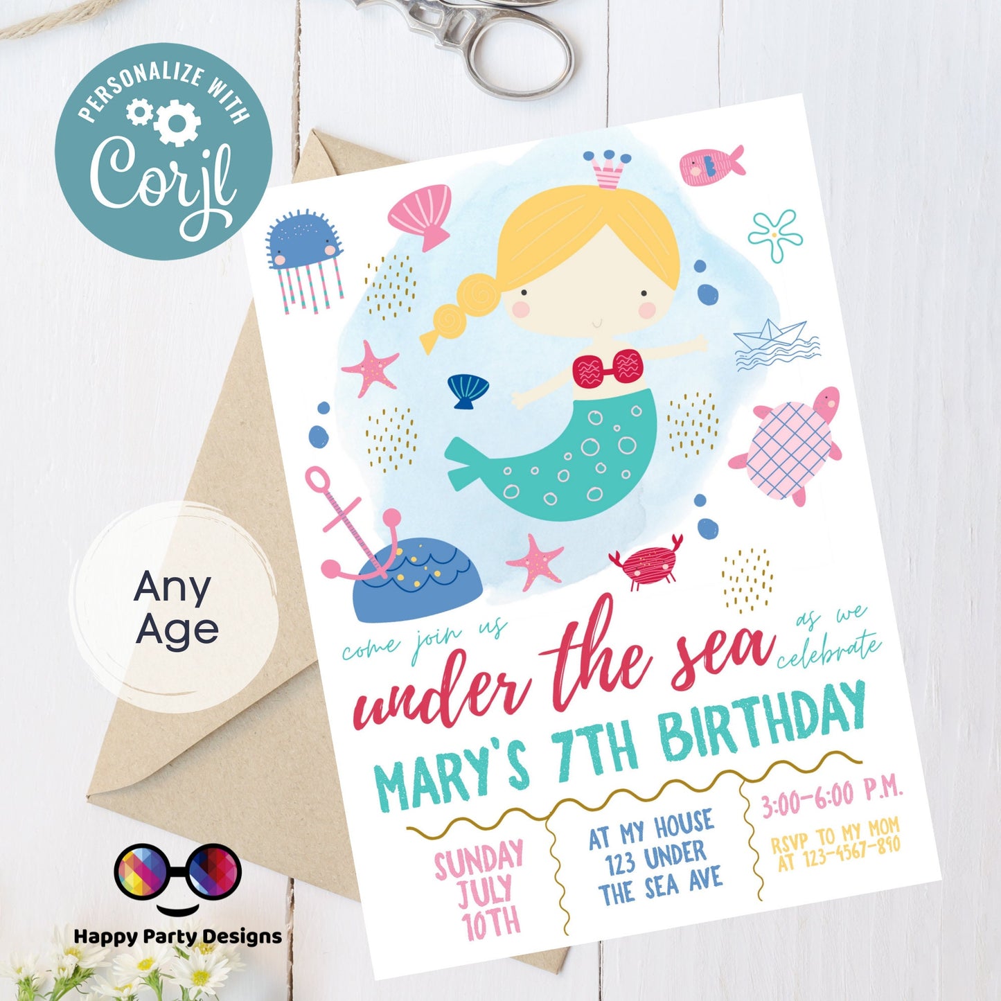 EDITABLE Mermaid Birthday Invitation | Girl Birthday | Mermaid Birthday Invite | Little Mermaid Evite | Digital Download | Under The Sea